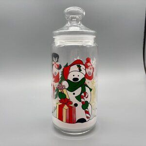 Vintage Glass Christmas Jar with Snowman Design and Lid Holiday Kitchen Storage